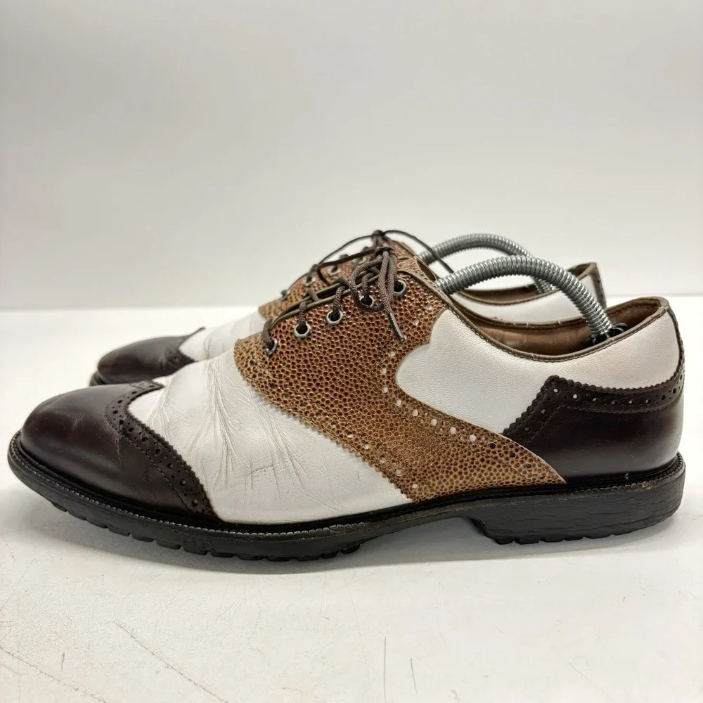 Footjoy Icon FJ Mens White Brown Black Lizard Print Golf Shoes Size 10.5